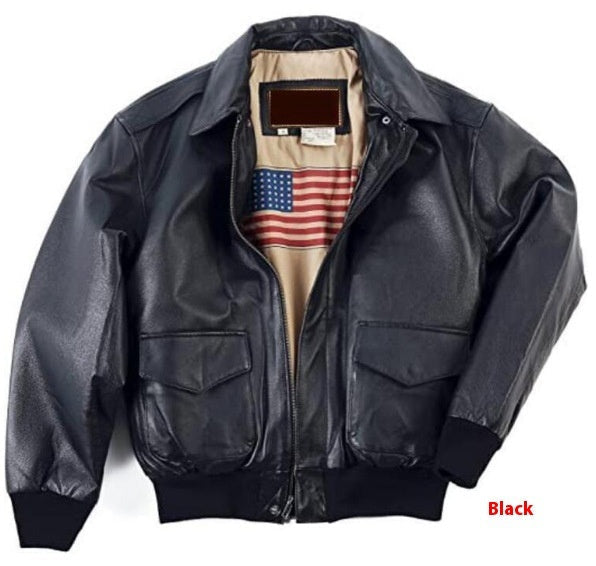 Man wearing a retro oversized Air Force bomber jacket. Casual men's outerwear, vintage style for everyday fashion.