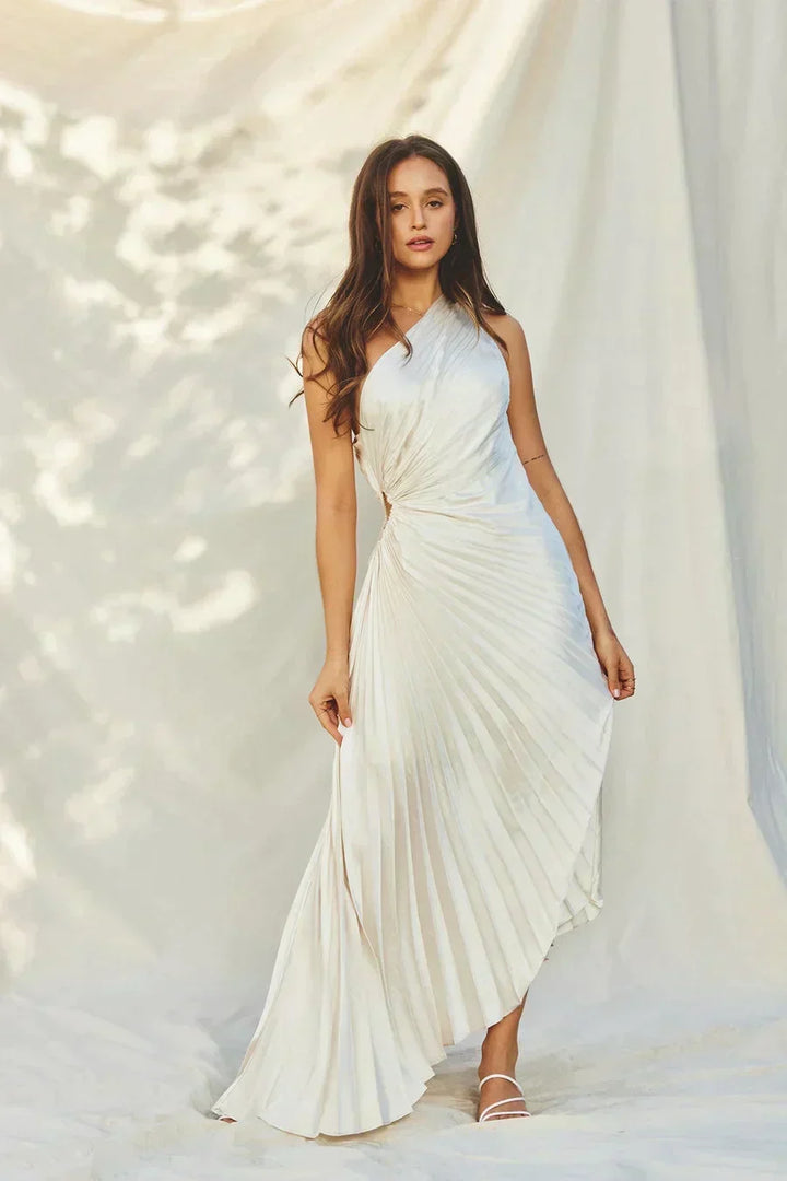 Wedding guest elegant one-shoulder pleated midi dress, women's evening fashion.