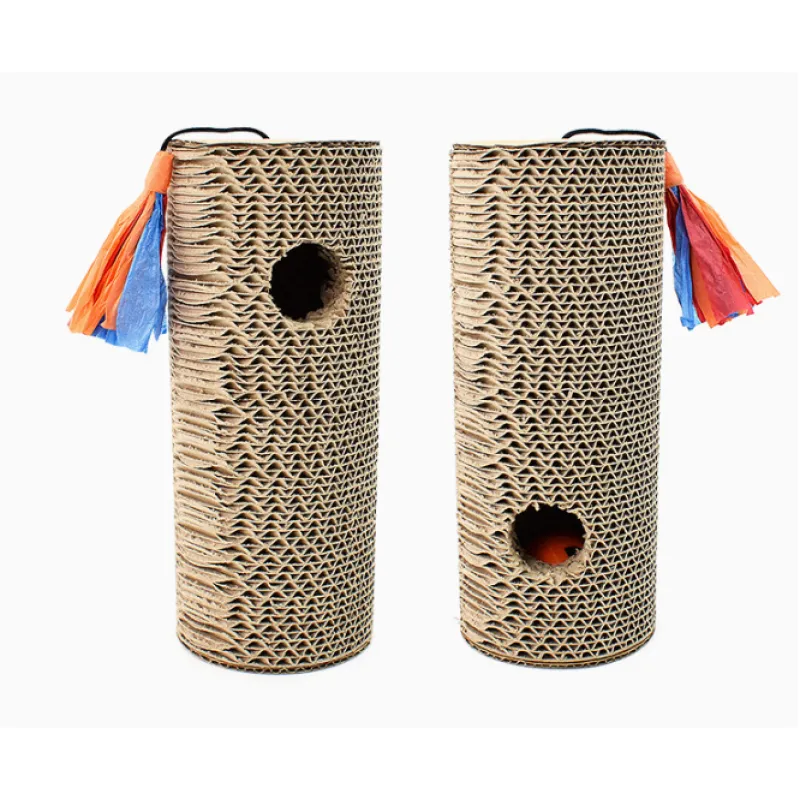 Premium cardboard cat scratch roll. Interactive toy for cats with fringes & play hole. Essential pet accessory for claw health.