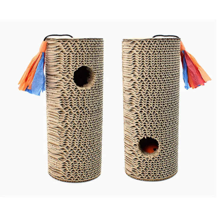 Premium cardboard cat scratch roll. Interactive toy for cats with fringes & play hole. Essential pet accessory for claw health.