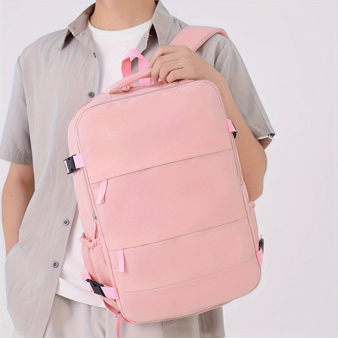Stylish unisex travel pack, includes a shoe compartment & multiple organizational pockets.