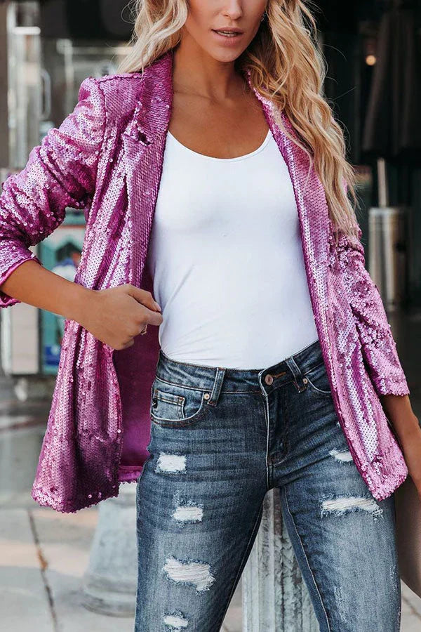 Sparkling women's sequin blazer, ideal for glamorous party wear & evening events. Fashionable long sleeve jacket.