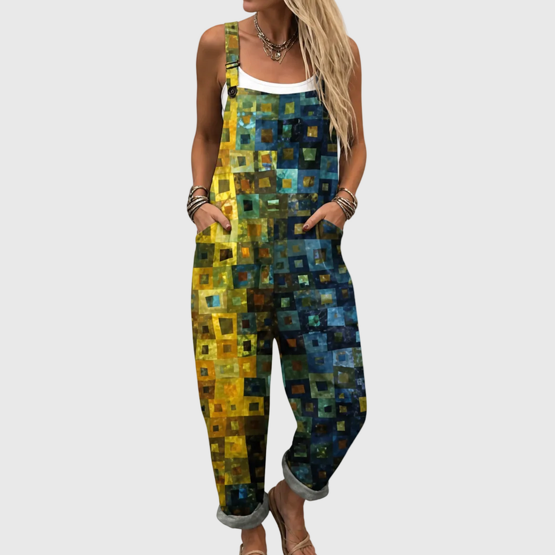 Women's elegant mosaic pattern jumpsuit for comfortable casual wear, summer fashion, spring outfits, and vacation.