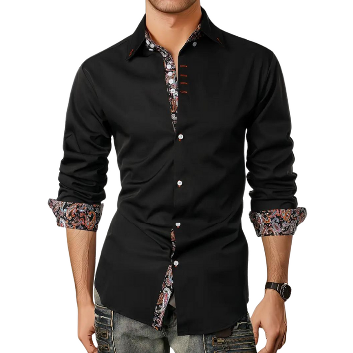 Men's tailored long-sleeve button-up shirt with subtle printed accent trim for smart casual style.