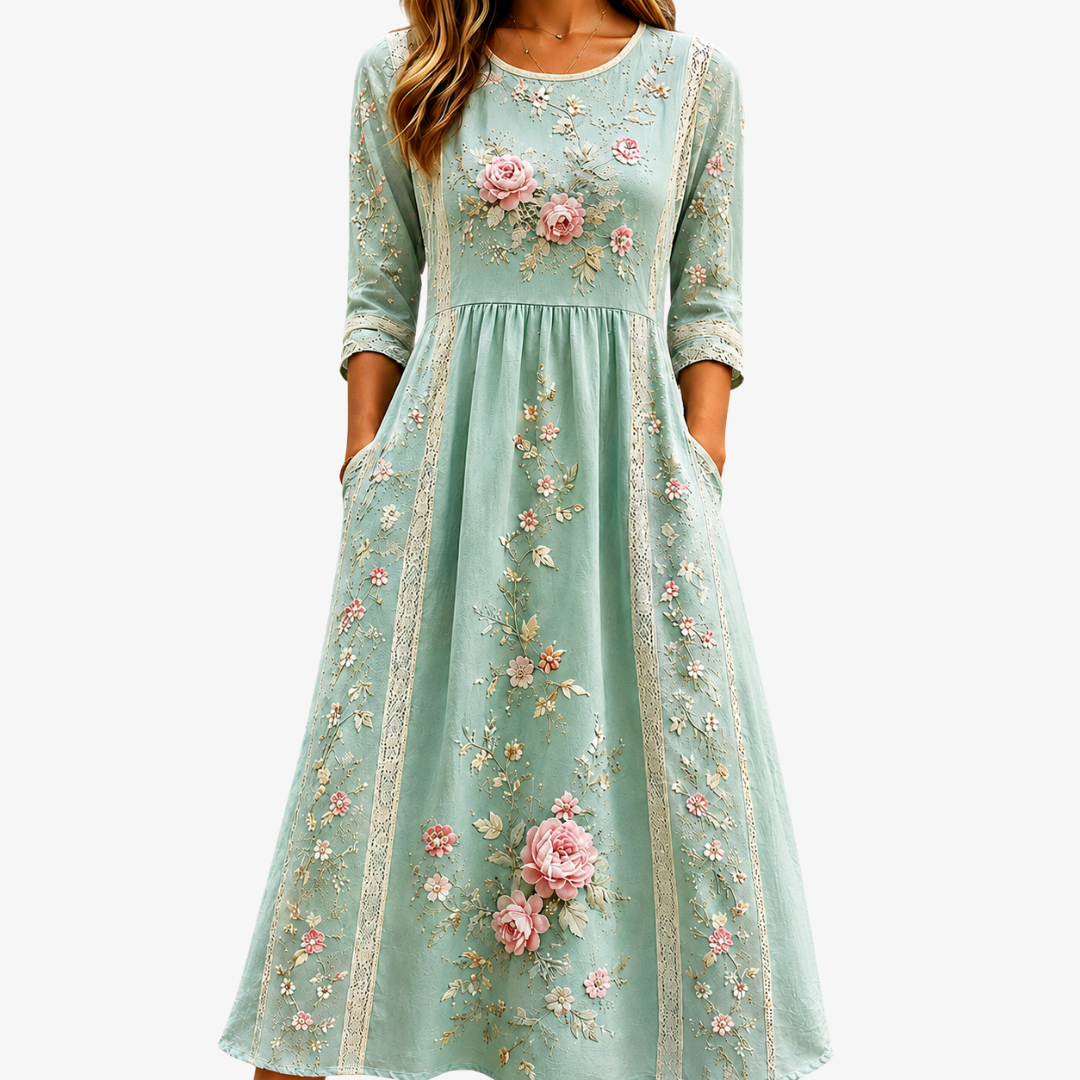 Women's blush rose floral midi dress with elegant garden print, perfect for summer parties or casual comfort.