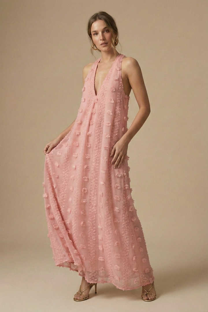 Beautiful women's halter backless maxi dress with 3D floral appliqué, perfect for resort wear, summer parties & events.