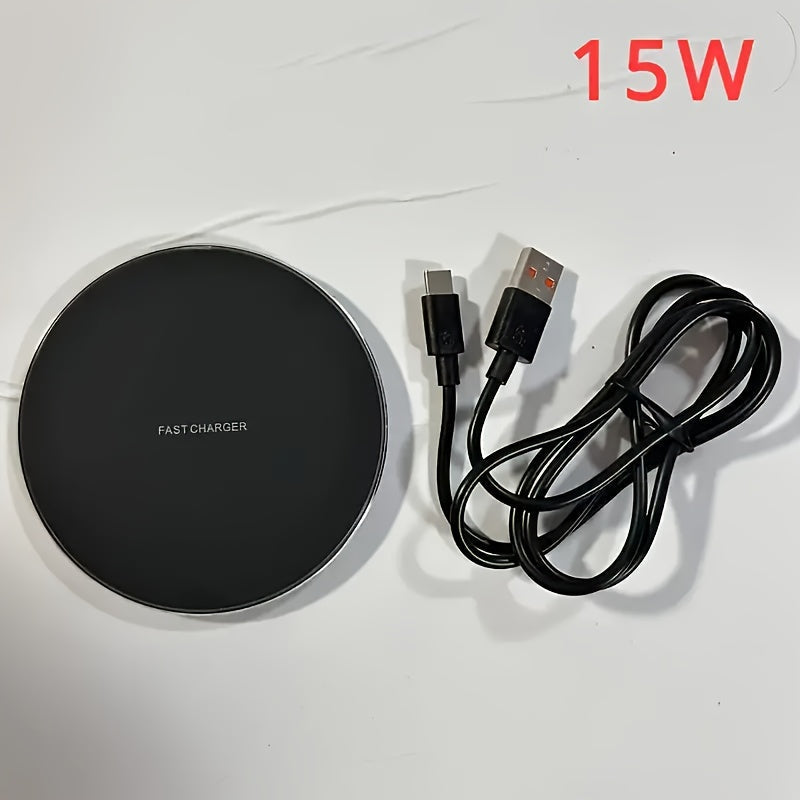 Fast Wireless Charger, top view, ready for use. A convenient charging pad for quick iPhone and Android power.