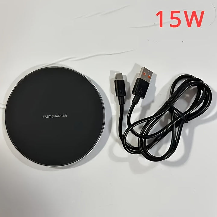 Fast Wireless Charger, top view, ready for use. A convenient charging pad for quick iPhone and Android power.
