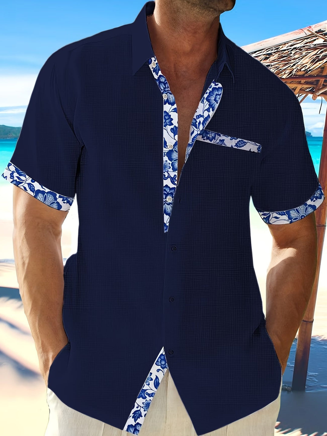 Classic men's navy blue short sleeve summer shirt. Relaxed fit, versatile for casual style & warm weather comfort.