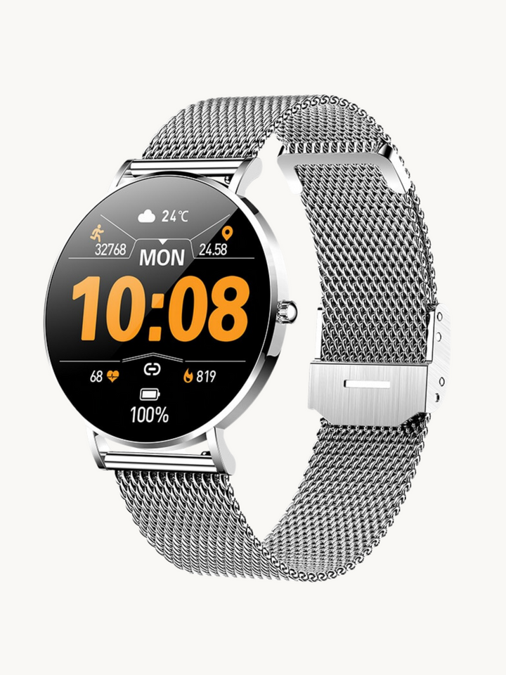 User interacting with the customizable Novaris smartwatch touch screen. Modern wearable tech for fitness & health.
