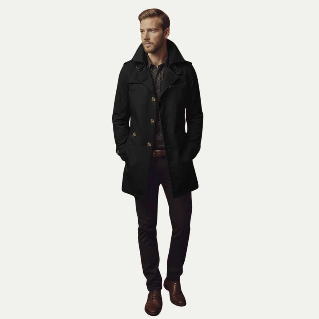 Men's elegant double-breasted pea coat. Versatile cold weather jacket, ideal for business casual & timeless style.