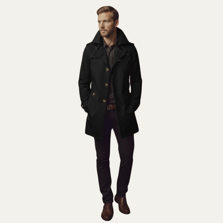 Men's elegant double-breasted pea coat. Versatile cold weather jacket, ideal for business casual & timeless style.