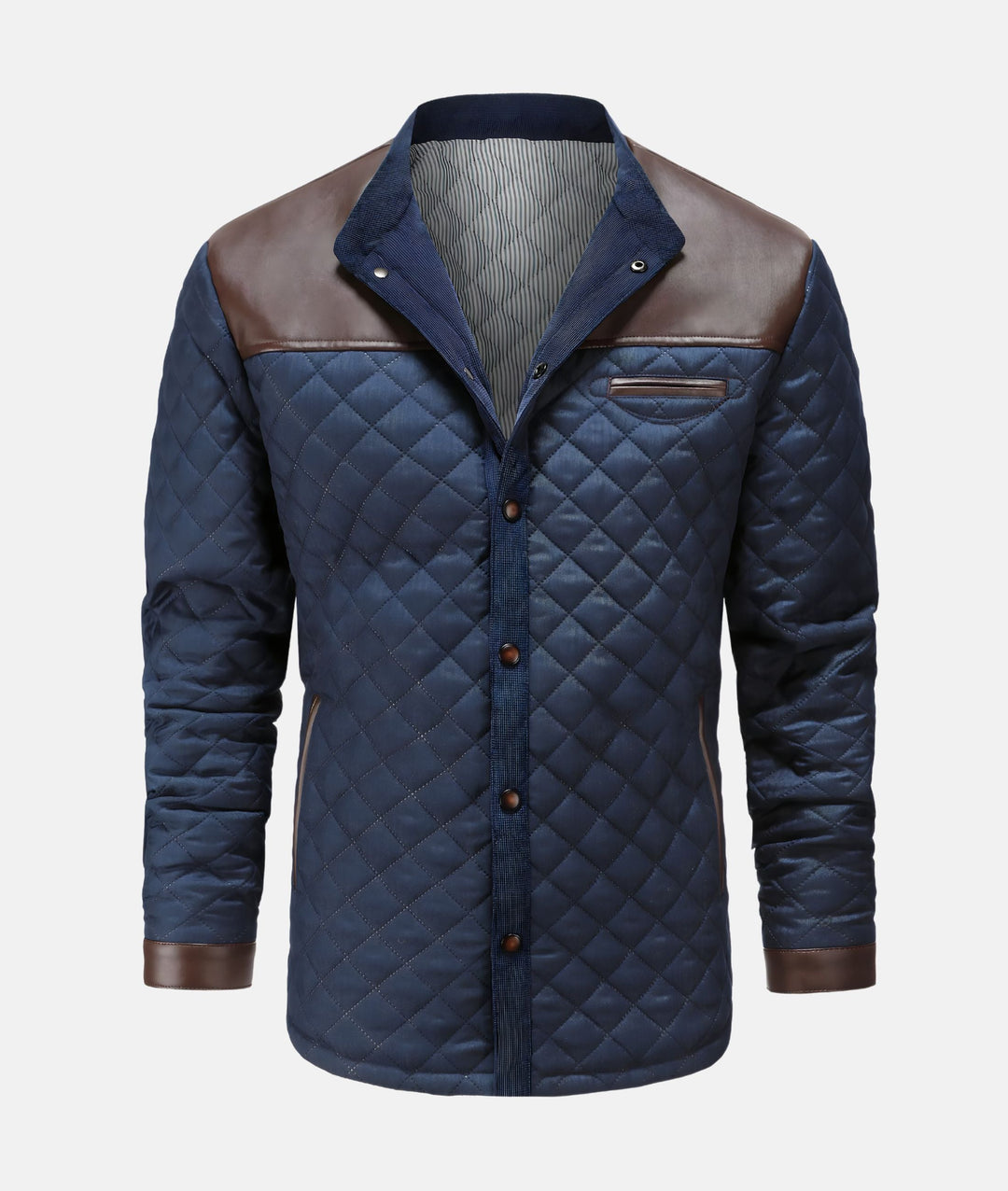 Close-up of modern men's button-down quilted navy jacket. Stylish fall outerwear.