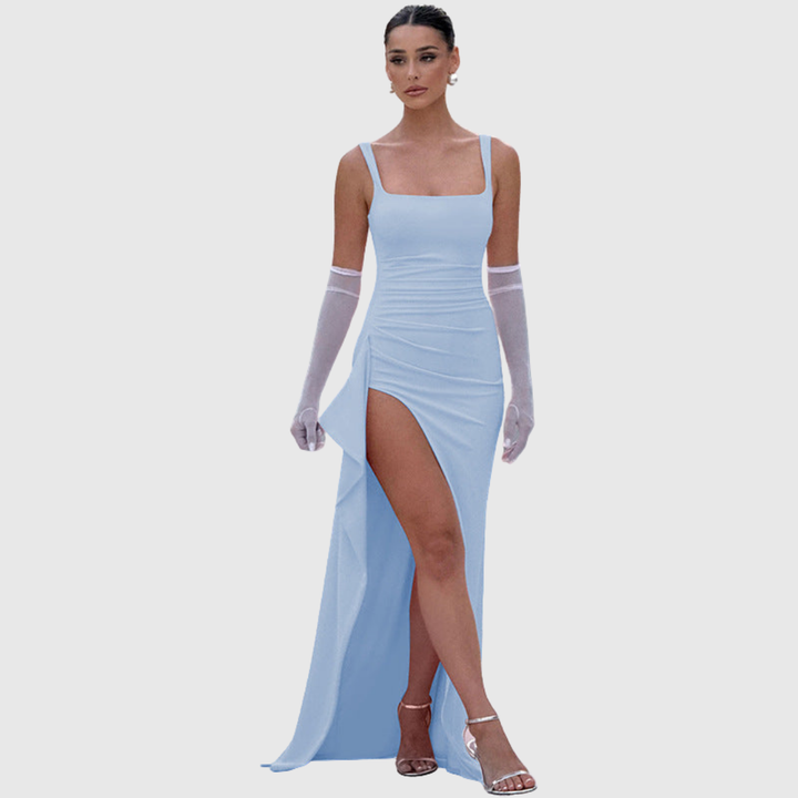 Sophisticated black formal open back slip maxi dress for women. Elegant party & wedding guest attire.