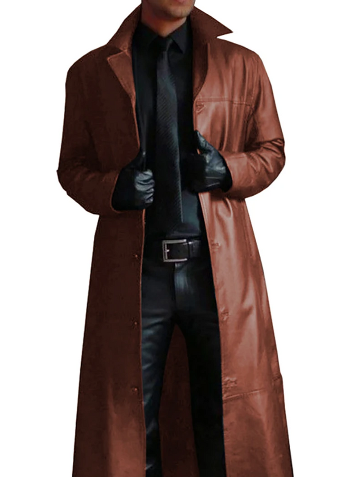 Men's classic black long overcoat, elegant formal jacket for timeless winter style.