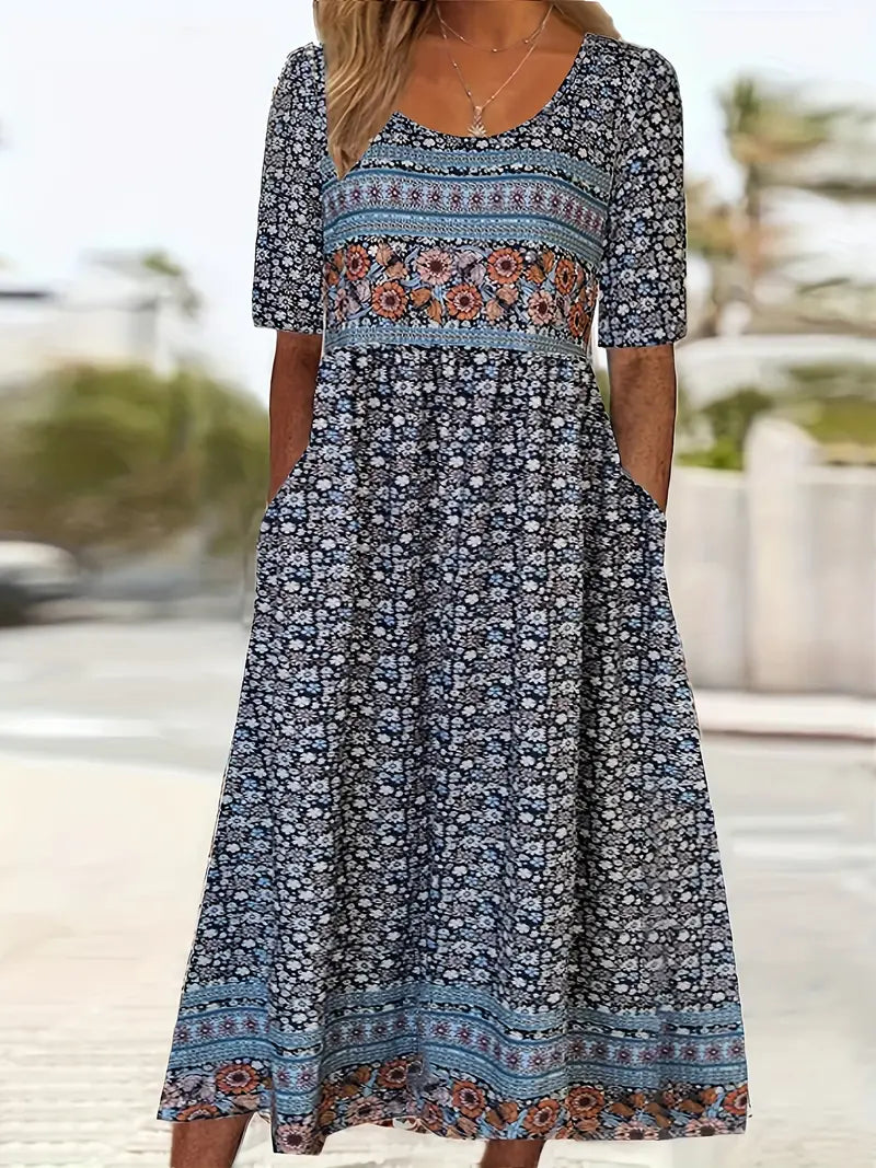 Stylish women's bohemian midi dress with short sleeves, showcasing its relaxed fit and flowy fabric. Ideal for summer.