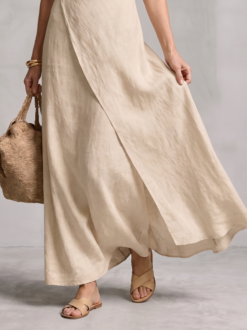 Comfortable, relaxed fit women's flowy asymmetric layered maxi dress, easy pull-on style.