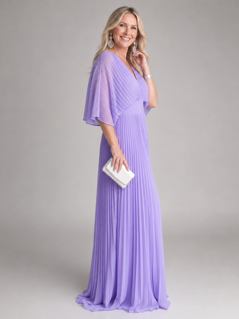 Flowy V-neck maxi dress for women with long sleeves & delicate pleats, ideal for a comfortable yet stylish look.