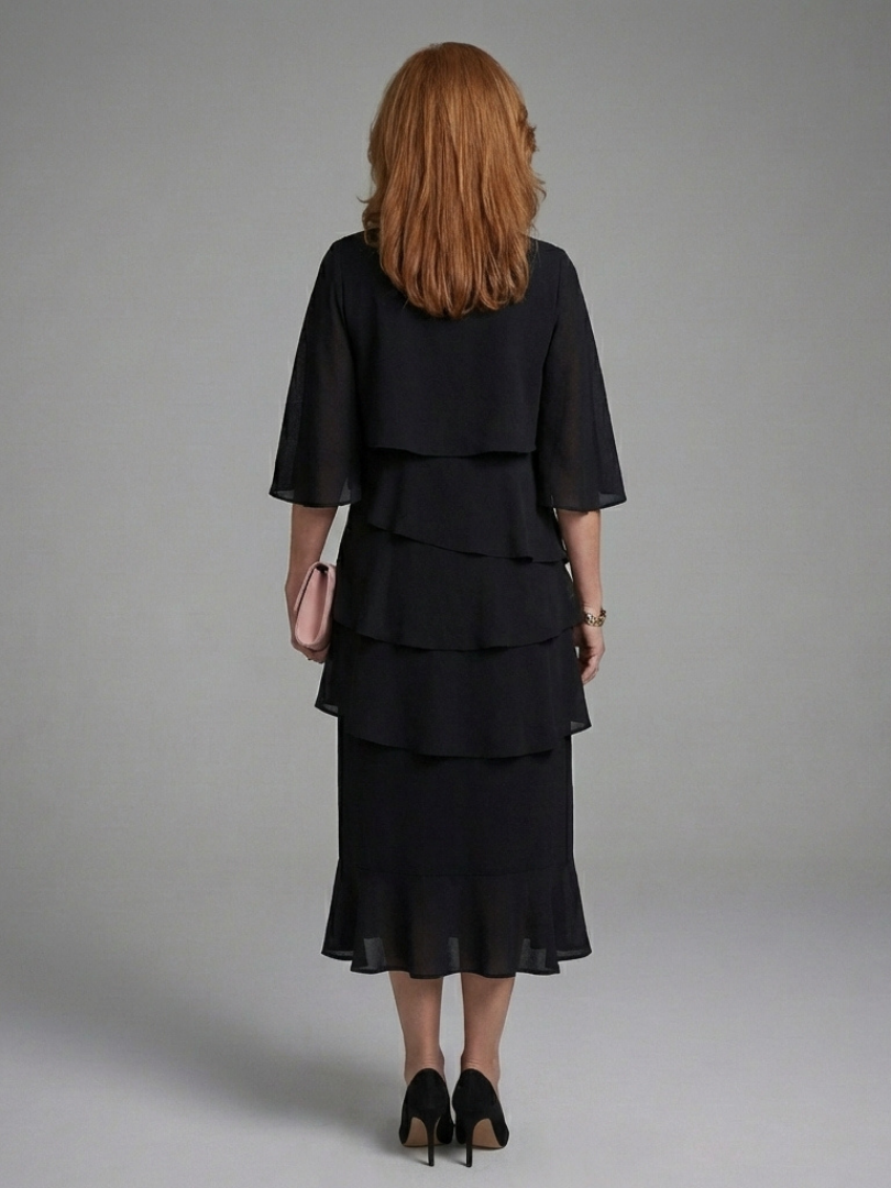 Versatile women's Maelis black midi dress featuring a unique layered cape sleeve design. Ideal for elegant events.