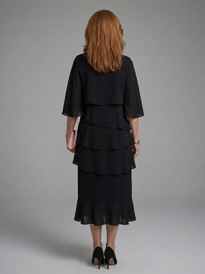 Versatile women's Maelis black midi dress featuring a unique layered cape sleeve design. Ideal for elegant events.