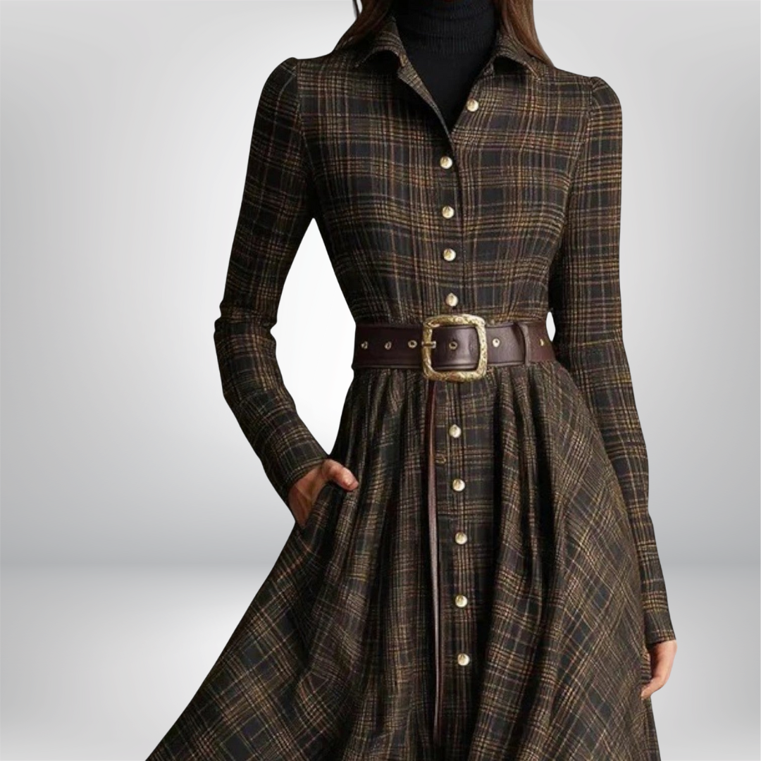 Stylish women's plaid belted button-down midi dress, ideal for a chic and comfortable winter outfit.