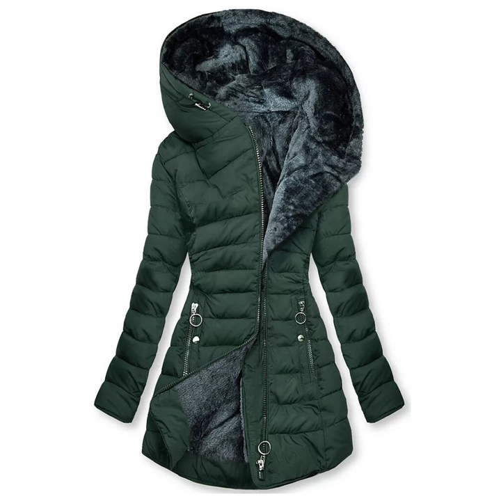 Back view of women's waterproof winter coat, showcasing the adjustable hooded design. Warm and protective.