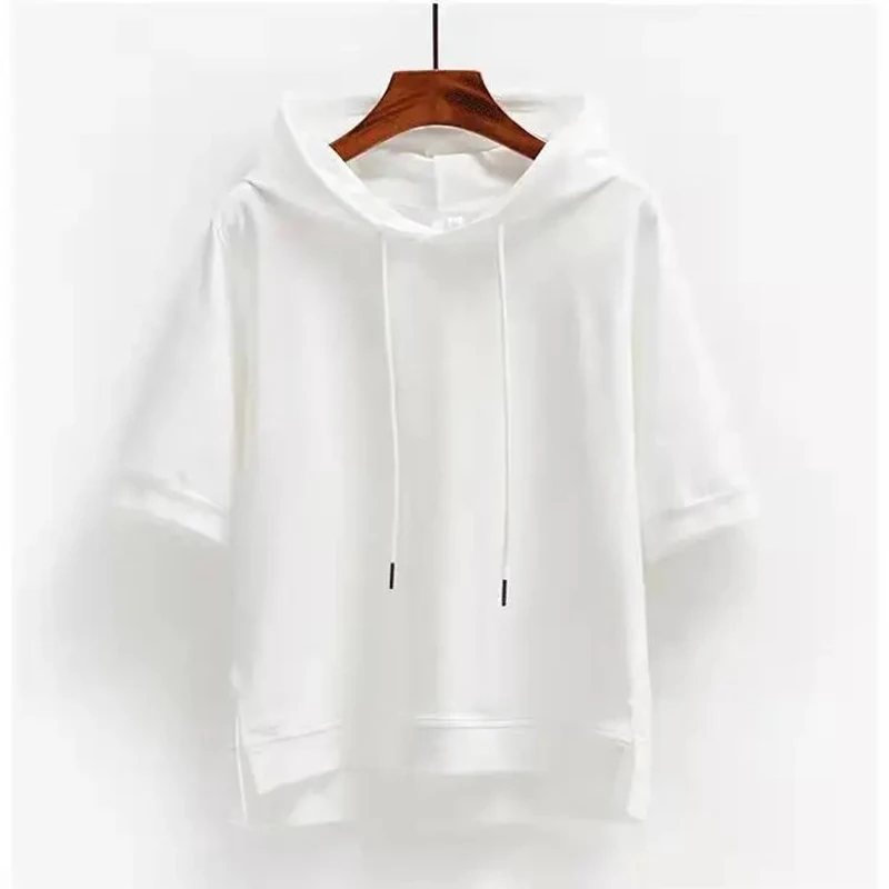 Comfortable women's short-sleeve hoodie with a relaxed boxy fit. Breathable cotton blend, perfect for everyday wear.