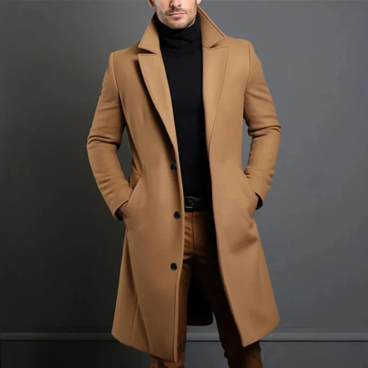Stylish men's longline overcoat, perfect for business casual & formal winter fashion. Elegant outerwear.