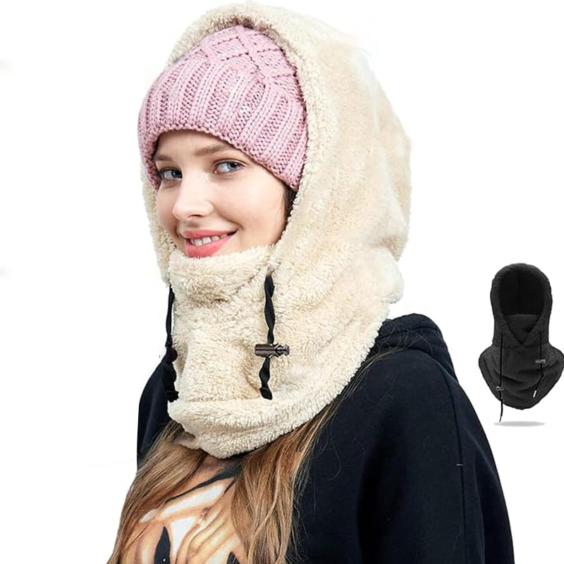 Side profile of unisex 3-in-1 winter hat, ideal for skiing, showing integrated warm neck warmer.