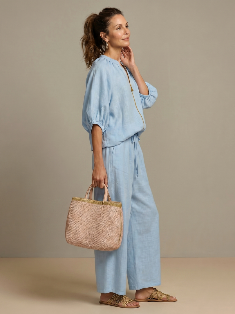 Stylish women's two-piece set: zip front blouson top & wide leg pants. Perfect for spring fashion.