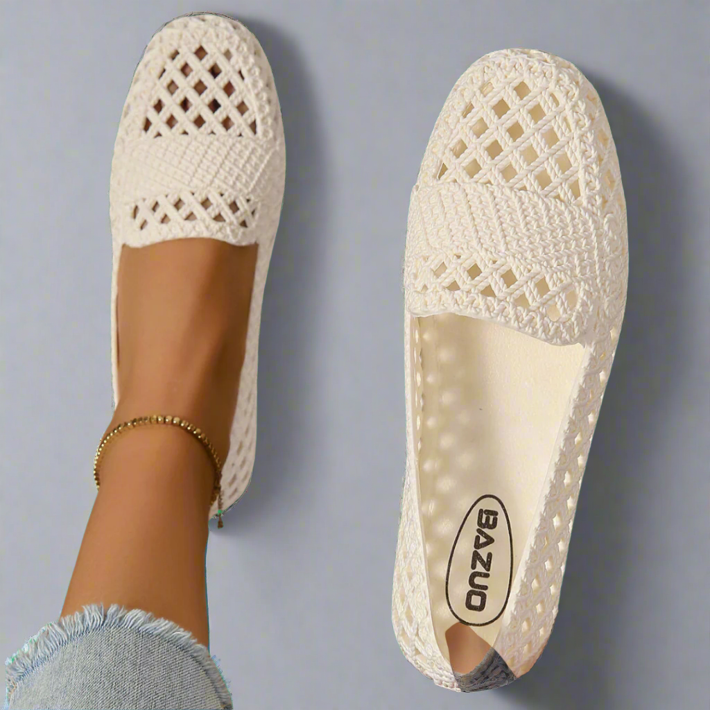 Elegant women's slip-on moccasin flats in black, apricot, or white, ideal for all-day comfort.