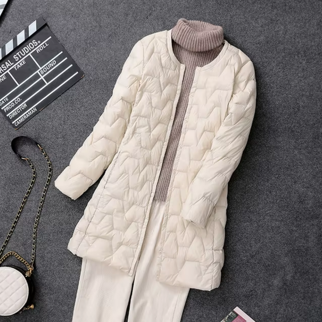 Rosa elegant women's puffer jacket. Warm winter fashion outerwear, combining style and comfort.