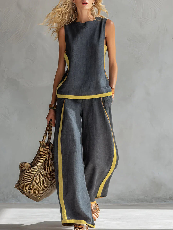 Comfortable women's elegant linen blend two-piece set. Chic summer fashion for a versatile casual outfit.
