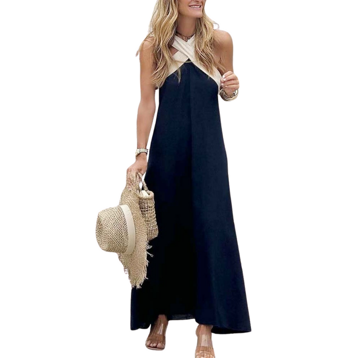 Elegant halter cross-neck A-line dress, perfect for summer outings, vacation, or beach days.