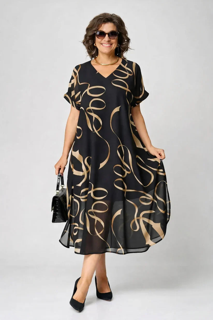 Women's cozy elegant V-neck midi dress, offering effortless style for all-day comfort.