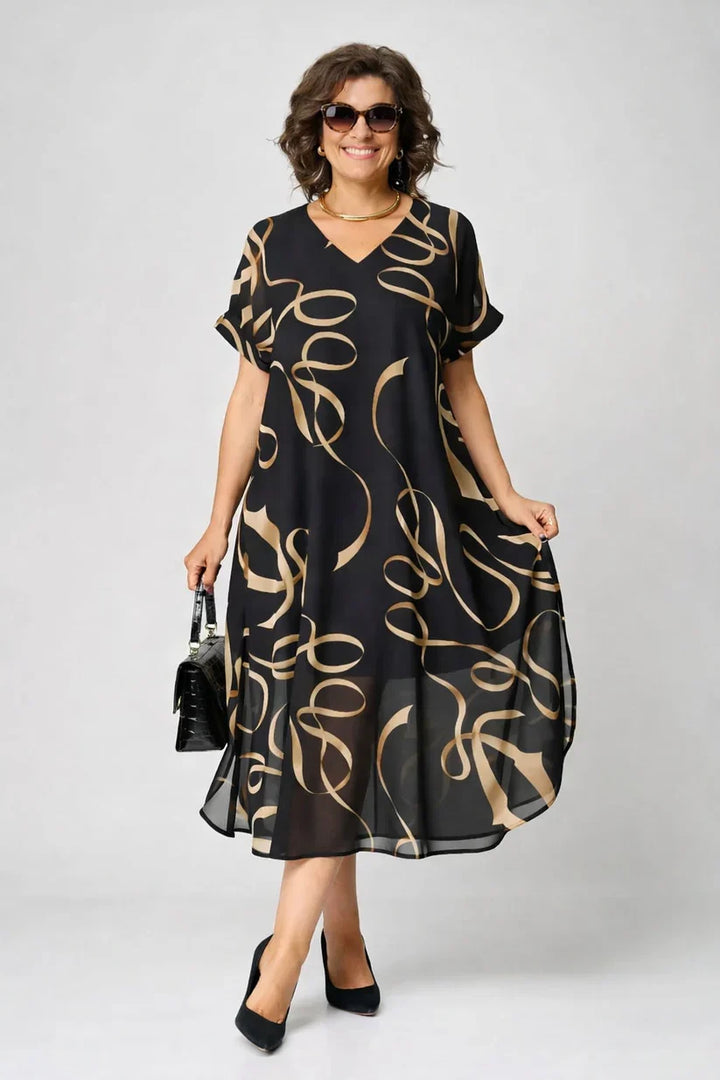 Women's cozy elegant V-neck midi dress, offering effortless style for all-day comfort.