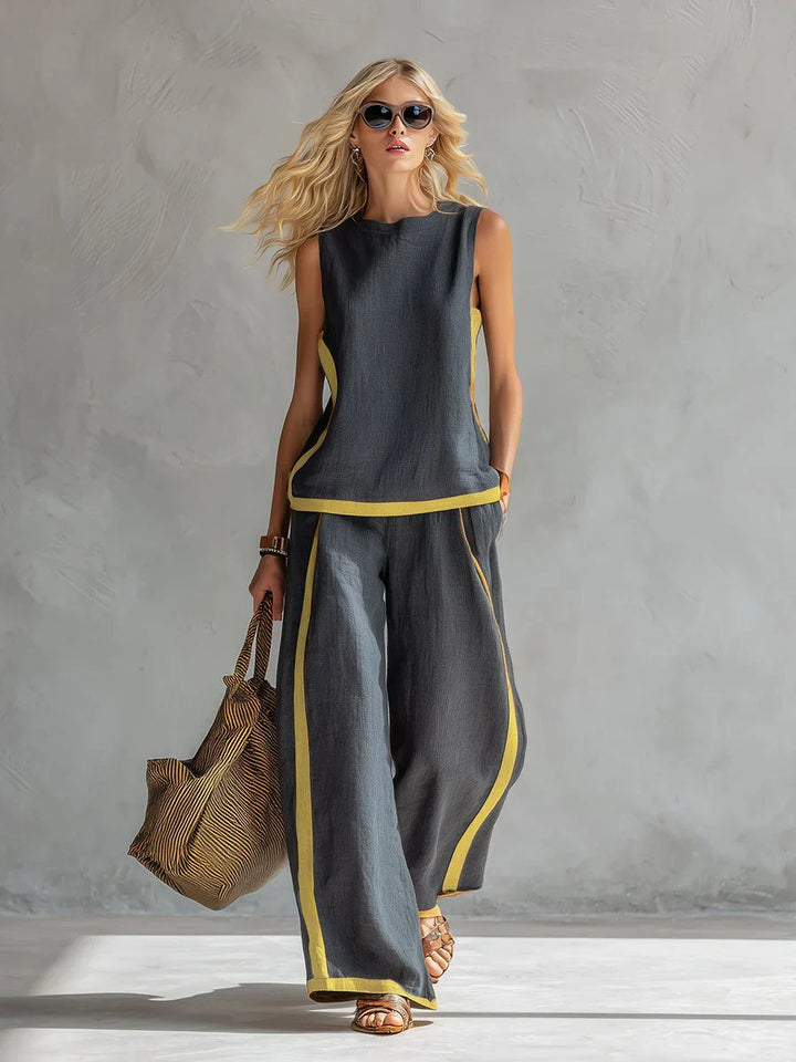 Elegant women's linen blend two-piece set. Ideal for chic summer casual outfits & comfortable wear.