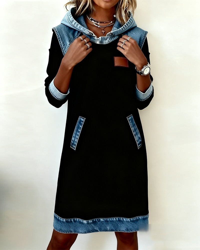 Cozy women's hooded dress, a comfortable and modern casual style for versatile urban fashion outfits.