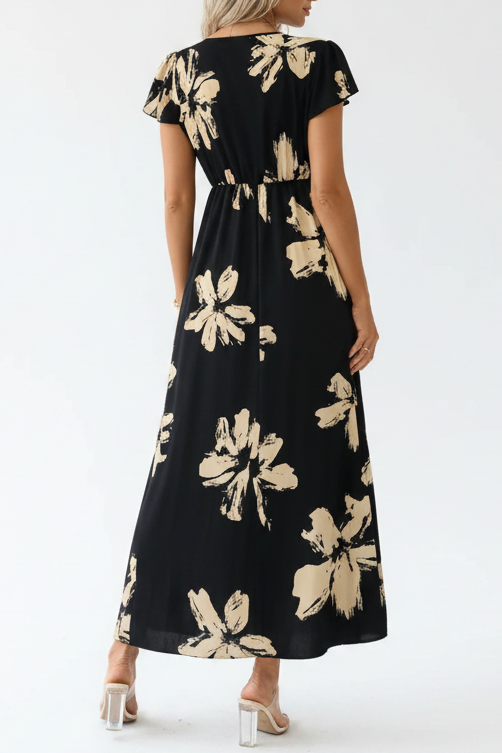 Elegant women's maxi dress featuring a chic V-neck, delicate ruffle sleeves, and flattering contrast print. Summer wear.