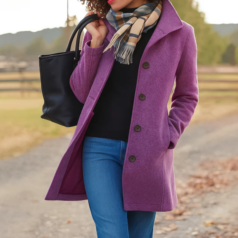Warm, long women's classic coat. Elegant outerwear, versatile for stylish fall jacket & winter fashion everyday.