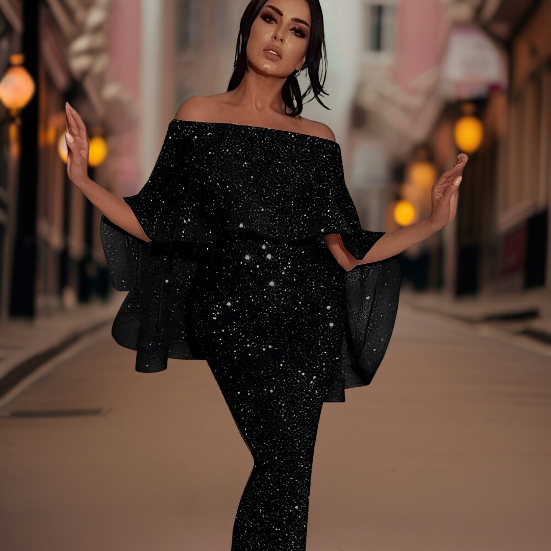 Elegant women's off-shoulder ruffle cocktail dress, perfect for parties & special occasions.