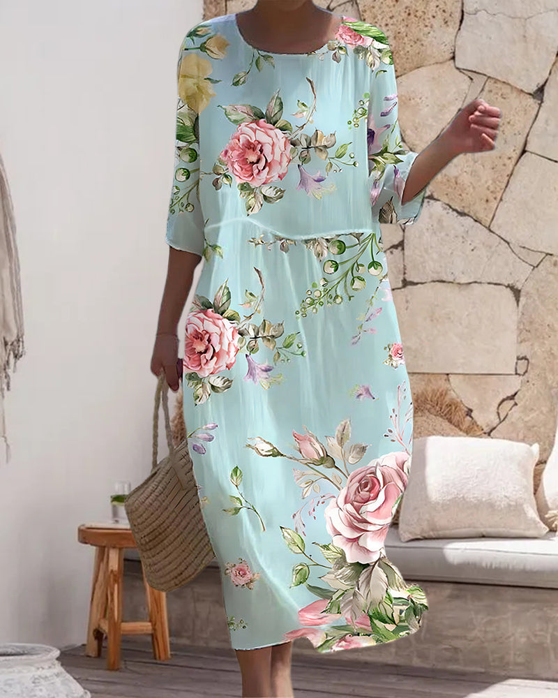 Elegant women's blue floral dress, perfect for special occasions, parties, and spring/summer events. Chic and versatile.