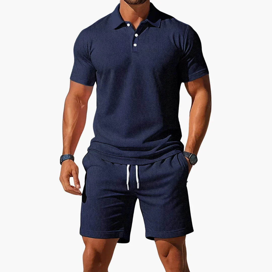 Tailored fit men's summer polo shirt and matching shorts, versatile men's fashion.