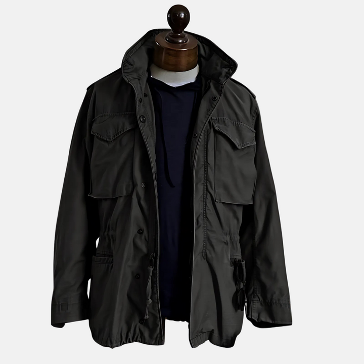 Men's rugged vintage military field jacket with snap buttons & adjustable waist, ideal for outdoor & casual wear.
