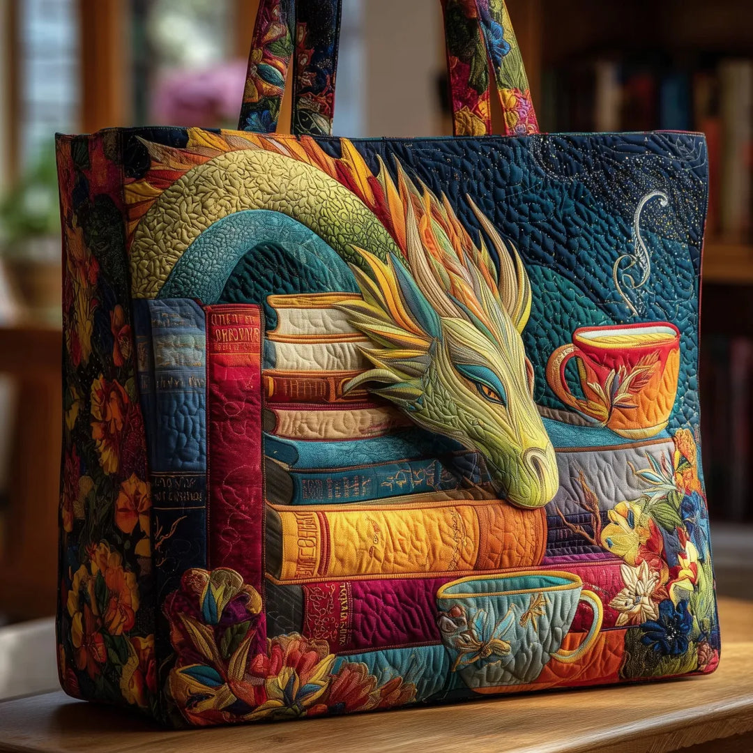 Handcrafted women's shoulder bag with a whimsical dragon & book design, perfect for fantasy & literary everyday carry.