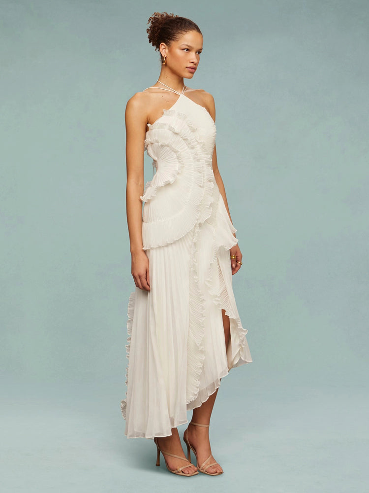 Asymmetric hem maxi dress, sleeveless & pleated, an elegant choice for parties.