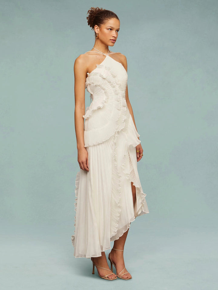 Asymmetric hem maxi dress, sleeveless & pleated, an elegant choice for parties.