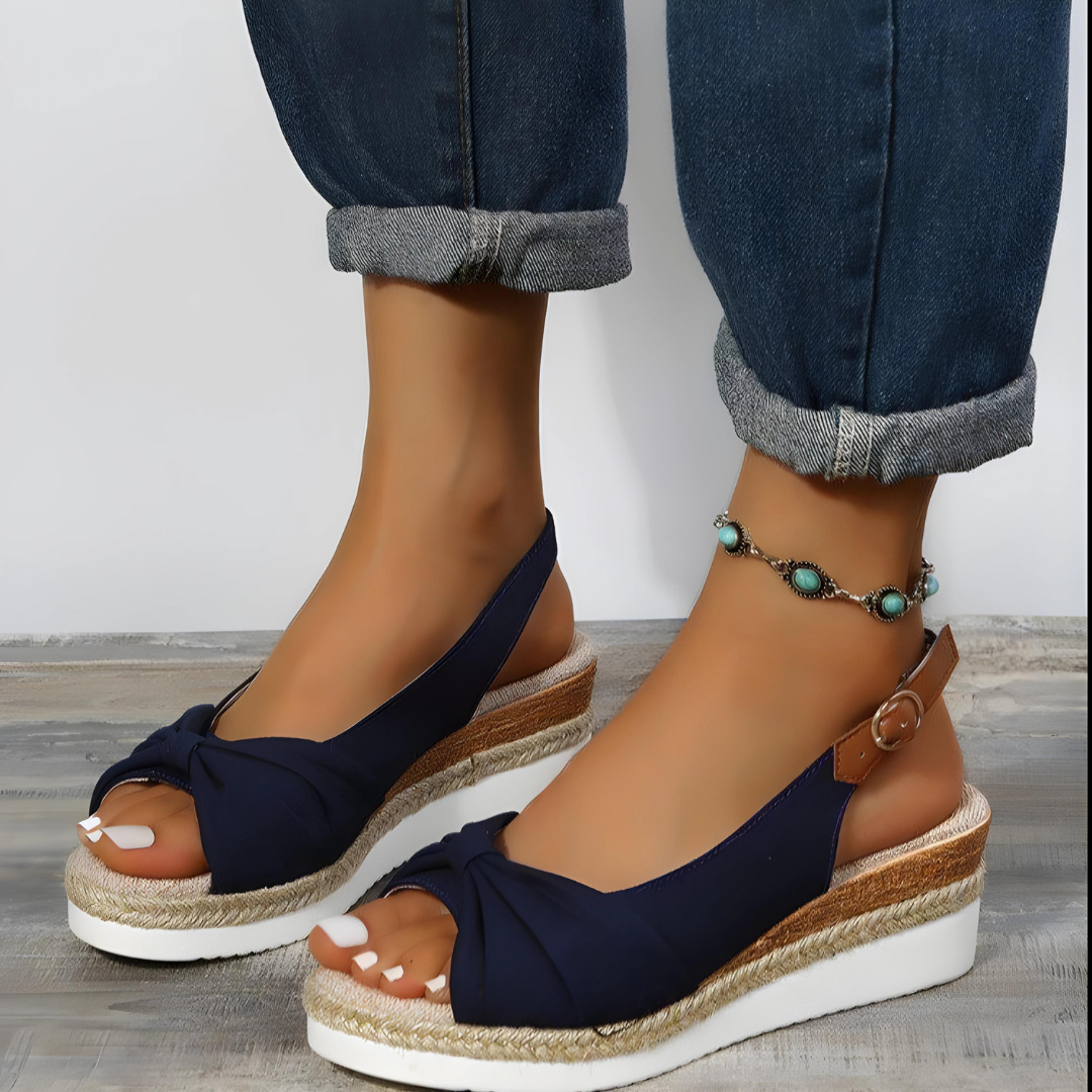Elegant navy slip-on sandals for women, offering orthopedic foot support & pain relief. Perfect for summer daily wear.