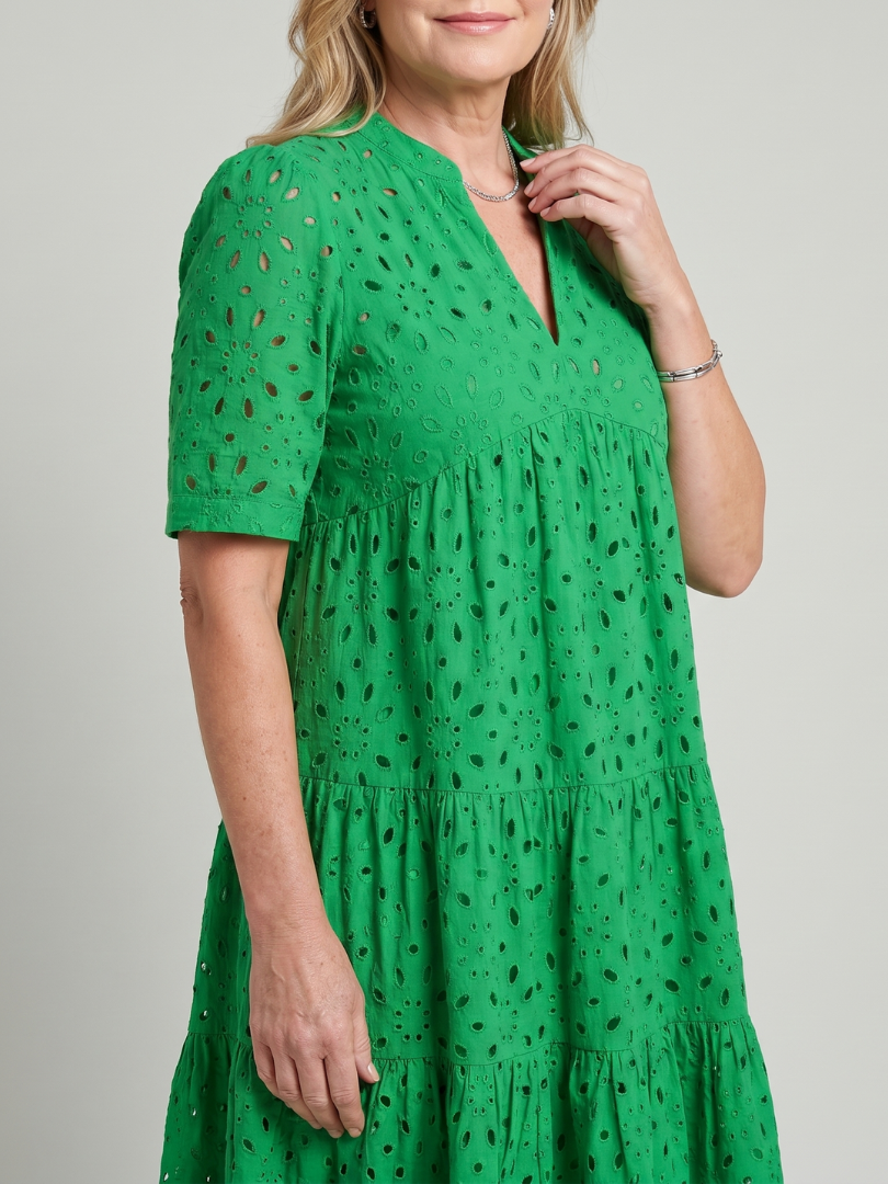 Relaxed fit women's knee-length V-neck eyelet dress with short sleeves & tiered skirt. Comfortable summer casual style.