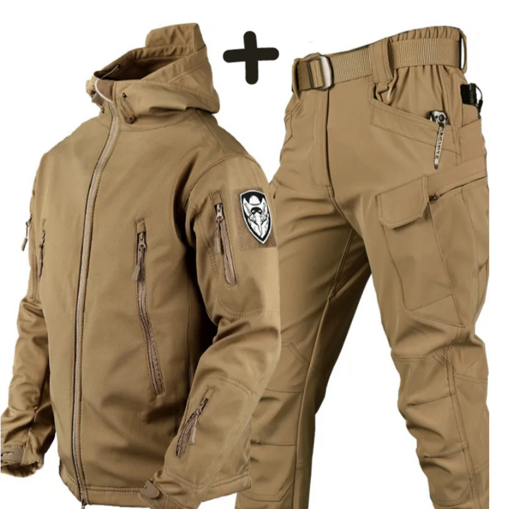 Rugged men's tactical hooded jacket from matching set, ideal for outdoor activities and adventure gear.